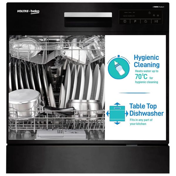 Voltas Beko DT8B, Free Standing 8 Place Settings Intensive Kadhai Cleaning, Inbuilt Heater, No Pre-rinse Required Dishwasher, Black
