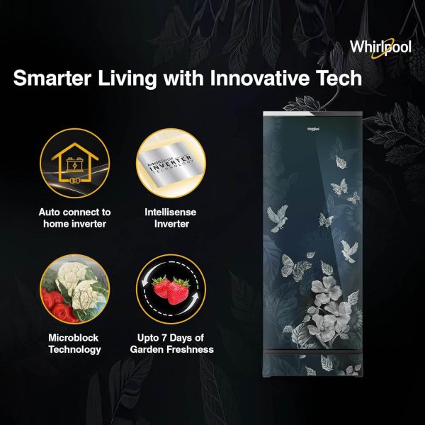 Whirlpool 215 IMPRO GD ROY, 192 Litre 3 Star Icemagic Pro Direct Cool-Single Door Glass Finish Refrigerator with Base Drawer, Inverter Compressor and and Upto 7 Days Garden Freshness, Silvia