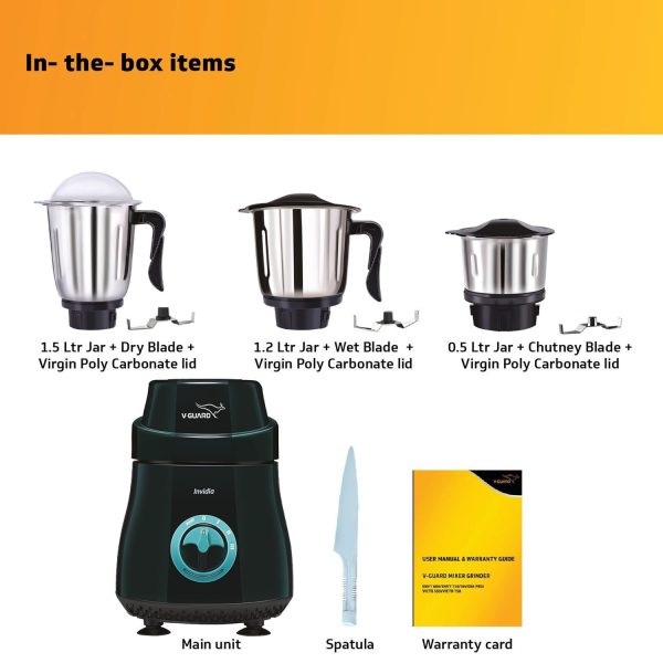 V-Guard Invidia, 750 Watt 3 Jar Mixer Grinder with Vortex Flow Technology, 20000 RPM and 5 Year Motor Warranty, Black