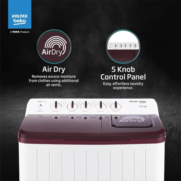 Voltas Beko WTT85UAA/WNSWH5GFD, A Tata Product 8.5 Kg 5 Star Semi-Automatic Top Load Air Dry Washing Machine, Special pulsator and Double waterfall Technology, Wine