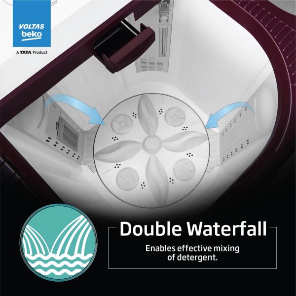 Voltas Beko WTT85UAA/WNSWH5GFD, A Tata Product 8.5 Kg 5 Star Semi-Automatic Top Load Air Dry Washing Machine, Special pulsator and Double waterfall Technology, Wine