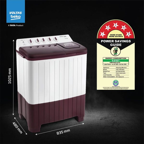 Voltas Beko WTT85UAA/WNSWH5GFD, A Tata Product 8.5 Kg 5 Star Semi-Automatic Top Load Air Dry Washing Machine, Special pulsator and Double waterfall Technology, Wine