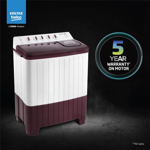 Voltas Beko WTT85UAA/WNSWH5GFD, A Tata Product 8.5 Kg 5 Star Semi-Automatic Top Load Air Dry Washing Machine, Special pulsator and Double waterfall Technology, Wine