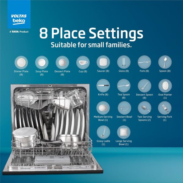 Voltas Beko DT8B, Free Standing 8 Place Settings Intensive Kadhai Cleaning, Inbuilt Heater, No Pre-rinse Required Dishwasher, Black