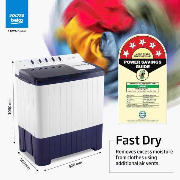 Voltas Beko WTT120UPABL5KPTD, A Tata Product 12 Kg 5 Star Semi-Automatic Top Load Washing Machine, Special pulsator and Double waterfall Technology, Blue
