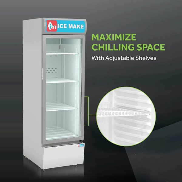 ICEMAKE IMVC450, Single Door Visi Cooler (457 Liter), Fog-Free Glass, Adjustable Shelves & Vertical LED Light, Grey