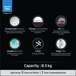 Voltas Beko WTT85UAA/WNSWH5GFD, A Tata Product 8.5 Kg 5 Star Semi-Automatic Top Load Air Dry Washing Machine, Special pulsator and Double waterfall Technology, Wine