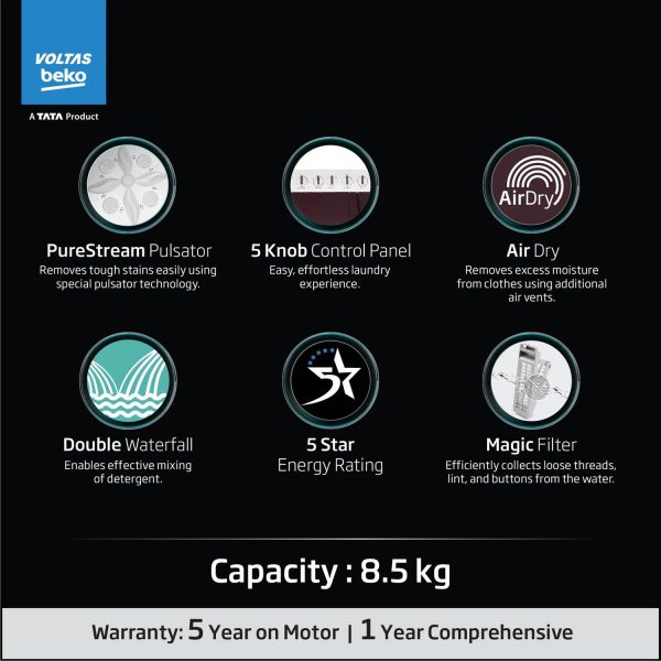 Voltas Beko WTT85UAA/WNSWH5GFD, A Tata Product 8.5 Kg 5 Star Semi-Automatic Top Load Air Dry Washing Machine, Special pulsator and Double waterfall Technology, Wine