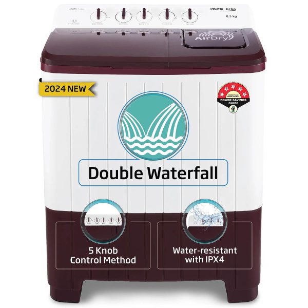 Voltas Beko WTT85UAA/WNSWH5GFD, A Tata Product 8.5 Kg 5 Star Semi-Automatic Top Load Air Dry Washing Machine, Special pulsator and Double waterfall Technology, Wine