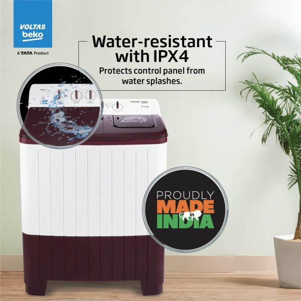 Voltas Beko WTT85UAA/WNSWH5GFD, A Tata Product 8.5 Kg 5 Star Semi-Automatic Top Load Air Dry Washing Machine, Special pulsator and Double waterfall Technology, Wine