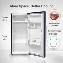 Akai AKDD2353-PHLG, 215 (L) 3 Star Direct Cool-Single Door Refrigerator, Wide Voltage, Manual+Push Defrost, Soft Crisper, LED Light, Hair Line Grey