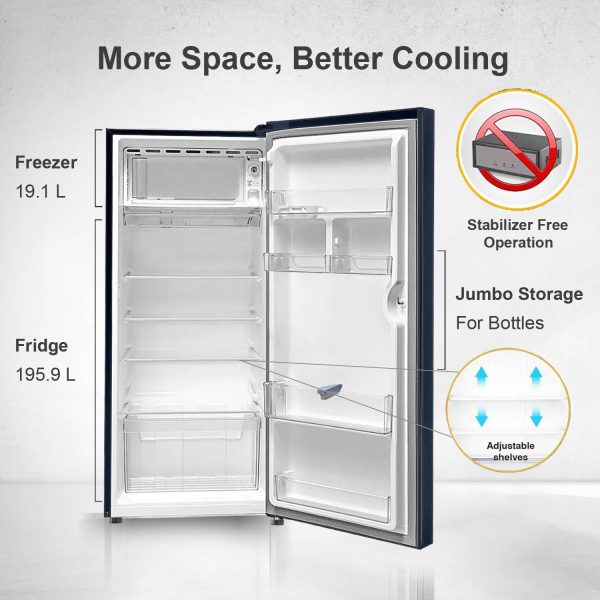 Akai AKDD2353-PHLG, 215 (L) 3 Star Direct Cool-Single Door Refrigerator, Wide Voltage, Manual+Push Defrost, Soft Crisper, LED Light, Hair Line Grey