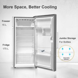 Akai AKDD2101-PHLG, 190 (L) 1 Star Direct Cool Single Door Refrigerator – Manual Defrost, Compact Home Fridge with LED Light, Crisper, Hair Line Grey