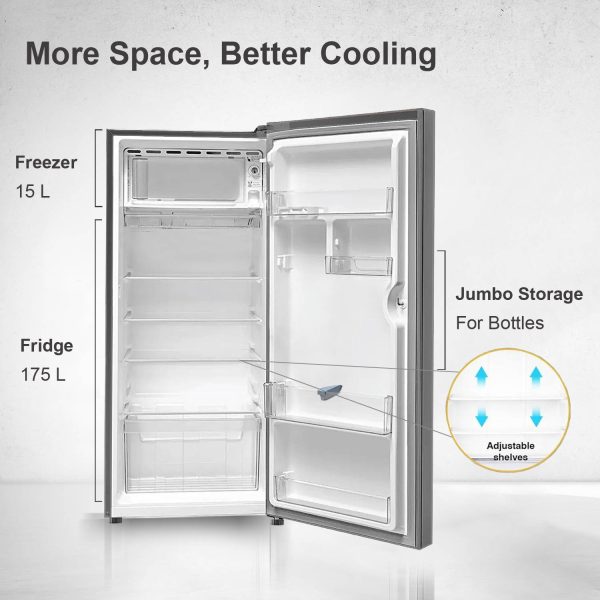 Akai AKDD2101-PHLG, 190 (L) 1 Star Direct Cool Single Door Refrigerator – Manual Defrost, Compact Home Fridge with LED Light, Crisper, Hair Line Grey
