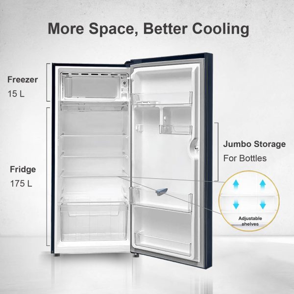 Akai AKDD2101-PCFB, 190 (L) 1 Star Direct Cool Single Door Refrigerator – Manual Defrost, Compact Home Fridge with LED Light, Crisper, R600a Gas, Glossier Blue