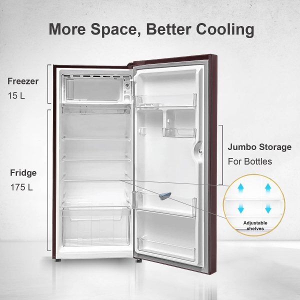 Akai AKDD2101-PCFW, 190 (L) 1 Star Direct Cool Single Door Refrigerator – Manual Defrost, Compact Home Fridge with LED Light, Crisper, R600a Gas, Glossier Wine