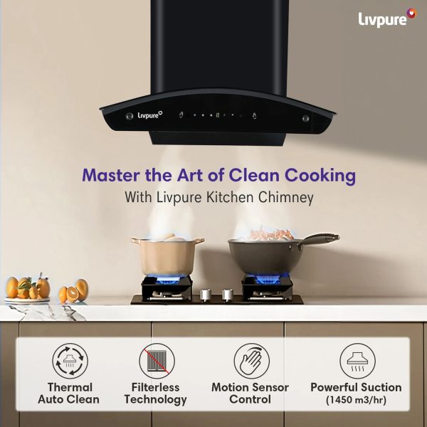 Livpure Ador 60, 60CM Filter-less Chimney with Thermal Auto Clean, Motion Sensor and Powerful Suction of 1450, Black