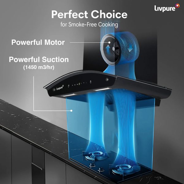 Livpure Ador 60, 60CM Filter-less Chimney with Thermal Auto Clean, Motion Sensor and Powerful Suction of 1450, Black