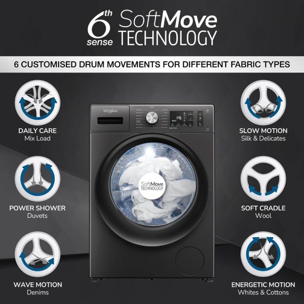 Whirlpool XS7512BWME, Xpert Care 7.5 kg 1200 RPM 5 Star Inverter Fully-Automatic Front Load Washing Machine with Ozone Air Refresh Technology & Built-in-Heater and Steam Wash, Midnight Grey