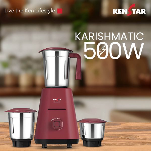 Kenstar Karishmatic 500 W, 3 Jar Mixer Grinder, Ultra Precision Heavy-duty Stainless steel Ultima blades, smart overload protection, 2 year warranty, Wine Red