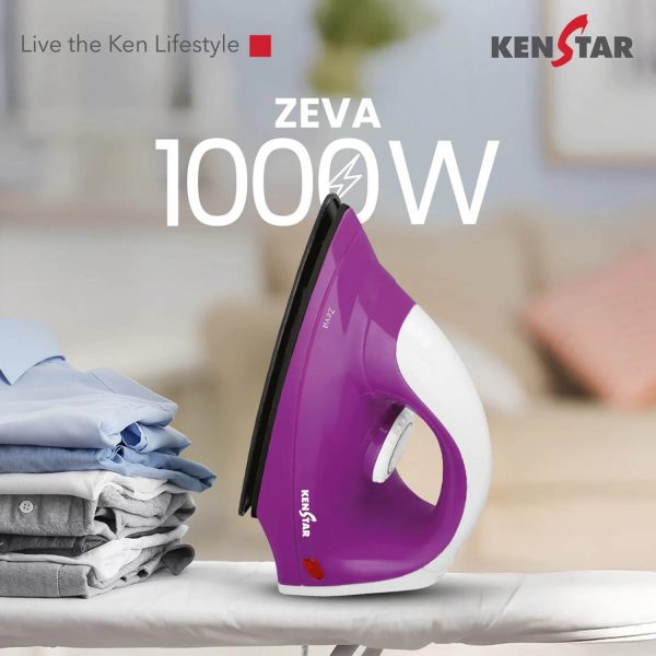 Kenstar Zeva, 1000 W Dry Iron, Non- Stick PTFE Soleplate, Auto Cut-Off function, 180° Swivel Cord, Bi metallic thermostat with thermal fuse technology, 2 Year Warranty, Purple