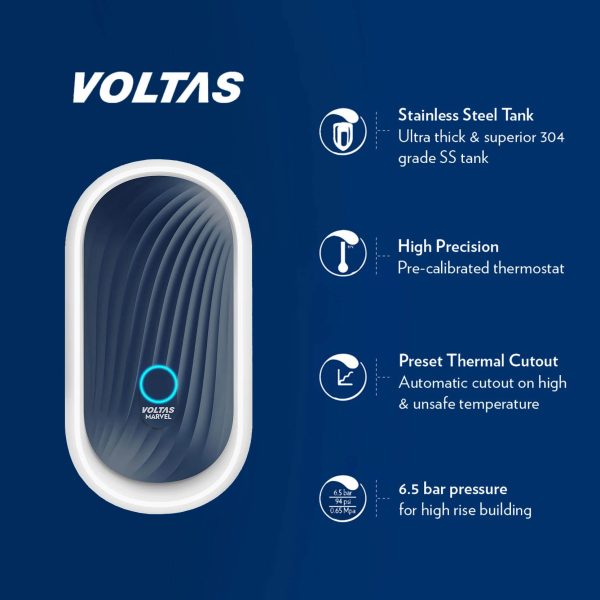 Voltas Marvel, 3 Liter Instant Water Heater with 100% Copper Element and 6.5 Bar Pressure, Blue/Black