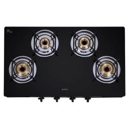 Elica 774 CT DT VETRO, Glass Cook Top 4 Burner Gas Stove with Double Drip Tray, Round Euro Coated Grid, Black