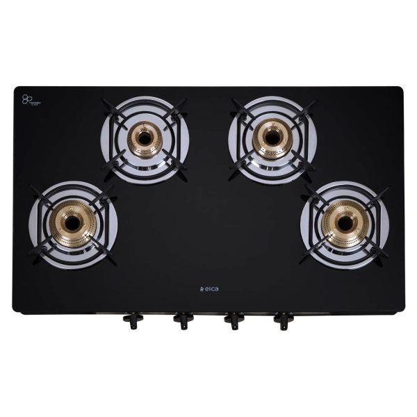 Elica 774 CT DT VETRO, Glass Cook Top 4 Burner Gas Stove with Double Drip Tray, Round Euro Coated Grid, Black