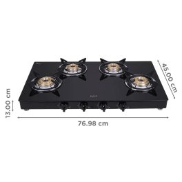 Elica 774 CT DT VETRO, Glass Cook Top 4 Burner Gas Stove with Double Drip Tray, Round Euro Coated Grid, Black