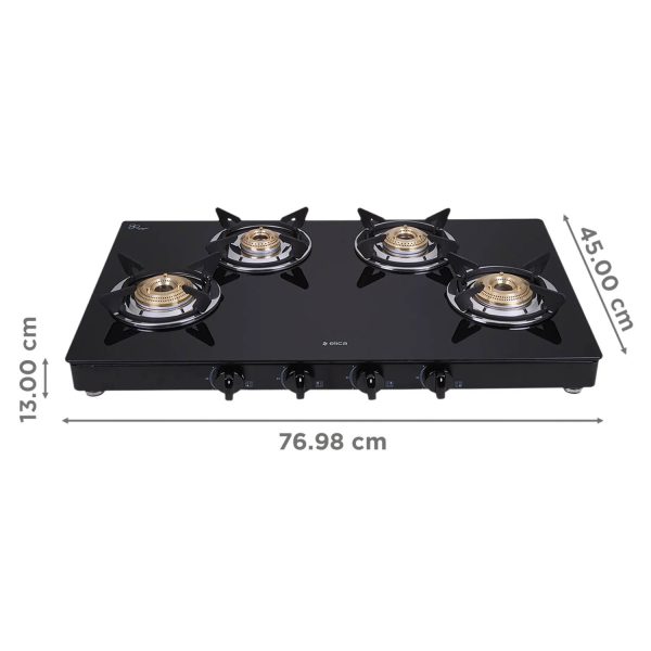 Elica 774 CT DT VETRO, Glass Cook Top 4 Burner Gas Stove with Double Drip Tray, Round Euro Coated Grid, Black