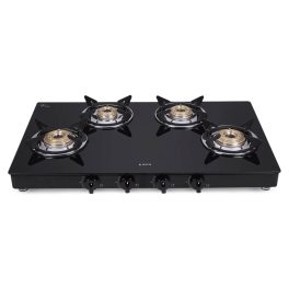 Elica 774 CT DT VETRO, Glass Cook Top 4 Burner Gas Stove with Double Drip Tray, Round Euro Coated Grid, Black