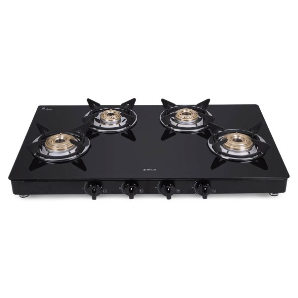 Elica 774 CT DT VETRO, Glass Cook Top 4 Burner Gas Stove with Double Drip Tray, Round Euro Coated Grid, Black