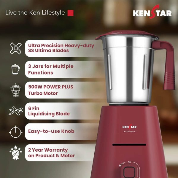 Kenstar Karishmatic 500 W, 3 Jar Mixer Grinder, Ultra Precision Heavy-duty Stainless steel Ultima blades, smart overload protection, 2 year warranty, Wine Red