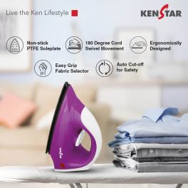 Kenstar Zeva, 1000 W Dry Iron, Non- Stick PTFE Soleplate, Auto Cut-Off function, 180° Swivel Cord, Bi metallic thermostat with thermal fuse technology, 2 Year Warranty, Purple
