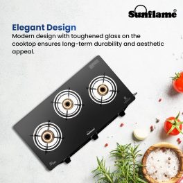 Sunflame Jumbo, 3 Burner Toughened glass top Gas Stove, Stainless steel drip tray, Durable Forged Brass Burners, Sturdy Pan Support, 5-Year Coverage on Burners & Glass, Black