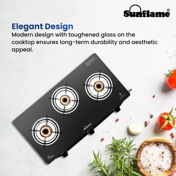 Sunflame Jumbo, 3 Burner Toughened glass top Gas Stove, Stainless steel drip tray, Durable Forged Brass Burners, Sturdy Pan Support, 5-Year Coverage on Burners & Glass, Black