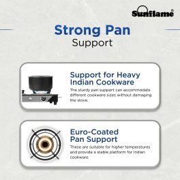 Sunflame Jumbo, 3 Burner Toughened glass top Gas Stove, Stainless steel drip tray, Durable Forged Brass Burners, Sturdy Pan Support, 5-Year Coverage on Burners & Glass, Black