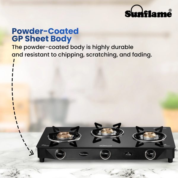 Sunflame Jumbo, 3 Burner Toughened glass top Gas Stove, Stainless steel drip tray, Durable Forged Brass Burners, Sturdy Pan Support, 5-Year Coverage on Burners & Glass, Black