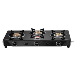 Sunflame Jumbo, 3 Burner Toughened glass top Gas Stove, Stainless steel drip tray, Durable Forged Brass Burners, Sturdy Pan Support, 5-Year Coverage on Burners & Glass, Black
