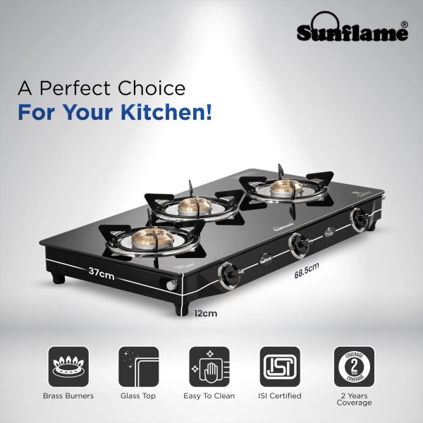 Sunflame Jumbo, 3 Burner Toughened glass top Gas Stove, Stainless steel drip tray, Durable Forged Brass Burners, Sturdy Pan Support, 5-Year Coverage on Burners & Glass, Black