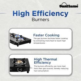 Sunflame Jumbo, 3 Burner Toughened glass top Gas Stove, Stainless steel drip tray, Durable Forged Brass Burners, Sturdy Pan Support, 5-Year Coverage on Burners & Glass, Black