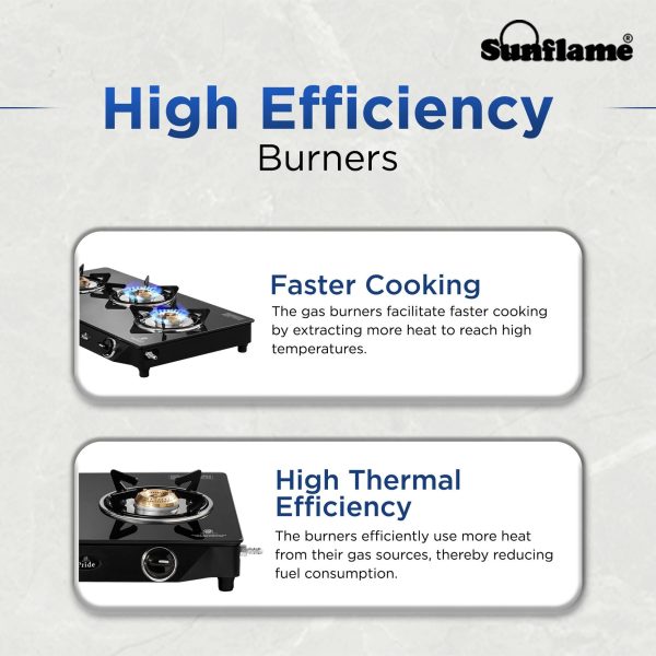 Sunflame Jumbo, 3 Burner Toughened glass top Gas Stove, Stainless steel drip tray, Durable Forged Brass Burners, Sturdy Pan Support, 5-Year Coverage on Burners & Glass, Black