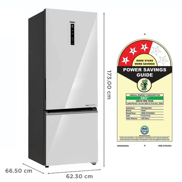 Haier HRB-3753PMG-P, 325 Litres 3 Star 14-in-1 Convertible Triple Inverter & Dual Fan Technology, with Display Frost Free Double Door Bottom Mount Refrigerator, Mirror Glass