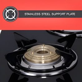 Elica 694 CT DT VETRO, Glass CookTop 4 Burner Gas Stove with Double Drip Tray, Round Euro Coated Grid, Silver Steel
