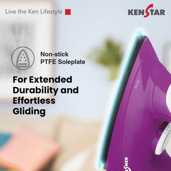 Kenstar Zeva, 1000 W Dry Iron, Non- Stick PTFE Soleplate, Auto Cut-Off function, 180° Swivel Cord, Bi metallic thermostat with thermal fuse technology, 2 Year Warranty, Purple