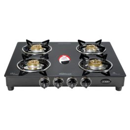 Sunflame Jumbo, 4 Burner Toughened glass top Gas Stove, Stainless steel drip tray, Durable Forged Brass Burners, Sturdy Pan Support, 5-Year Coverage on Burners & Glass, Black