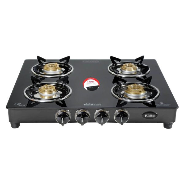 Sunflame Jumbo, 4 Burner Toughened glass top Gas Stove, Stainless steel drip tray, Durable Forged Brass Burners, Sturdy Pan Support, 5-Year Coverage on Burners & Glass, Black