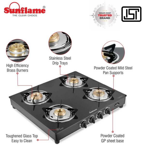 Sunflame Jumbo, 4 Burner Toughened glass top Gas Stove, Stainless steel drip tray, Durable Forged Brass Burners, Sturdy Pan Support, 5-Year Coverage on Burners & Glass, Black