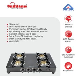 Sunflame Jumbo, 4 Burner Toughened glass top Gas Stove, Stainless steel drip tray, Durable Forged Brass Burners, Sturdy Pan Support, 5-Year Coverage on Burners & Glass, Black