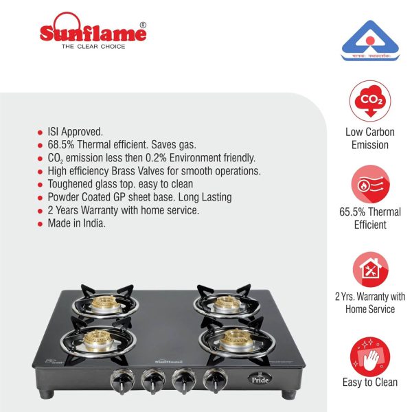 Sunflame Jumbo, 4 Burner Toughened glass top Gas Stove, Stainless steel drip tray, Durable Forged Brass Burners, Sturdy Pan Support, 5-Year Coverage on Burners & Glass, Black